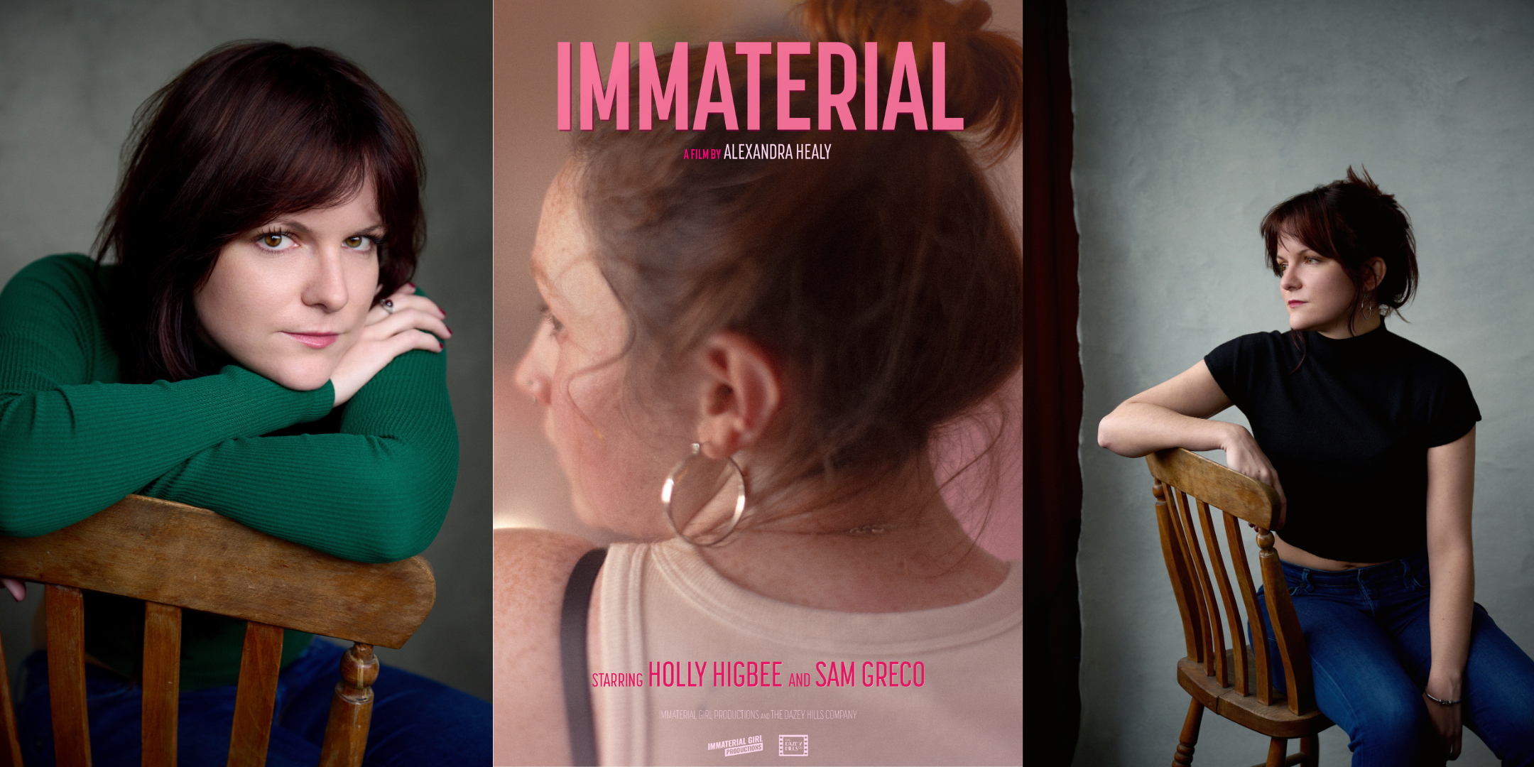Triptych of images: Abbie Hill in green, film poster of woman looking over shoulder, Abbie in black looking over shoulder, facing forward.