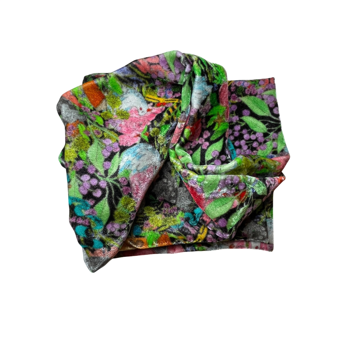 A long scarf with a vibrant, multi-coloured abstract floral and botanical print, folded and presented on a solid white background.