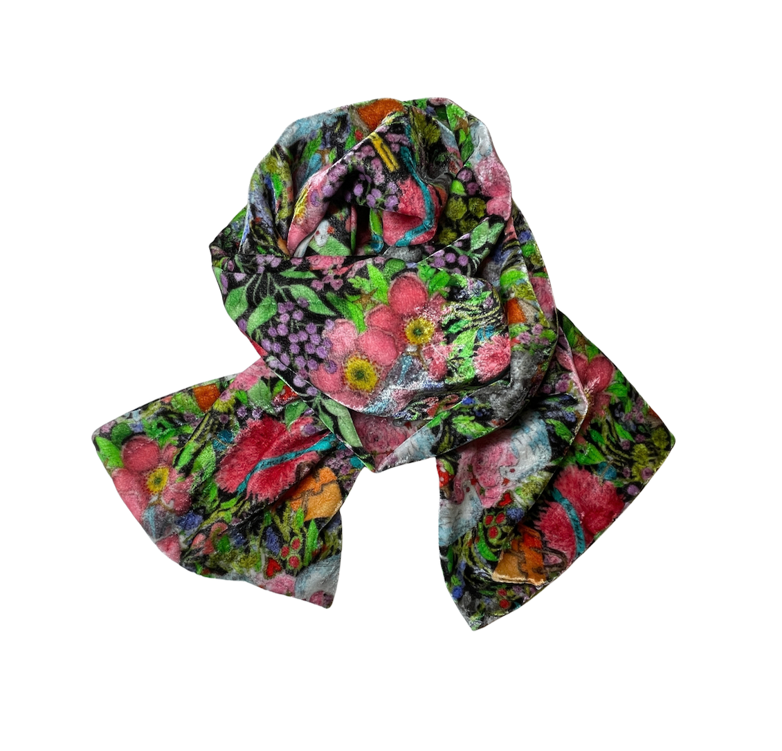 A lightweight square scarf with a vibrant, painterly floral print featuring pink, red, purple, green, and orange flowers on a dark background, styled in a loose knot on a plain white background.